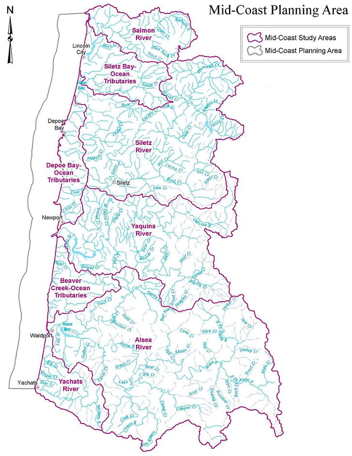 Image shows a map of waterways with blue lines for rivers and streams